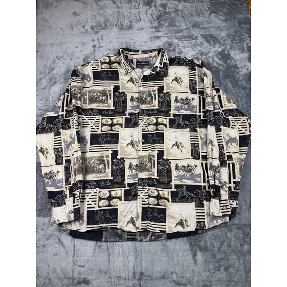 Vintage Bit &‎ Bridle Outfitters Western Cowboy Graphic Button-Up Shirt XL - Picture 1 of 12